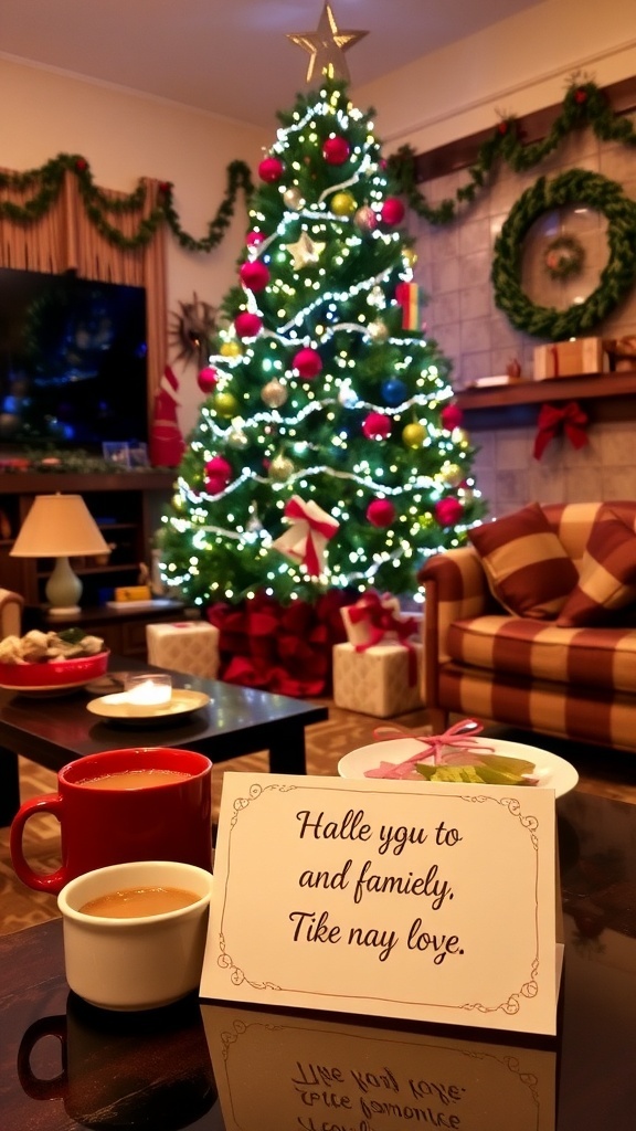 Heartwarming Christmas Quotes for Dad A festive Christmas scene with a decorated tree and a heartfelt card for dad.